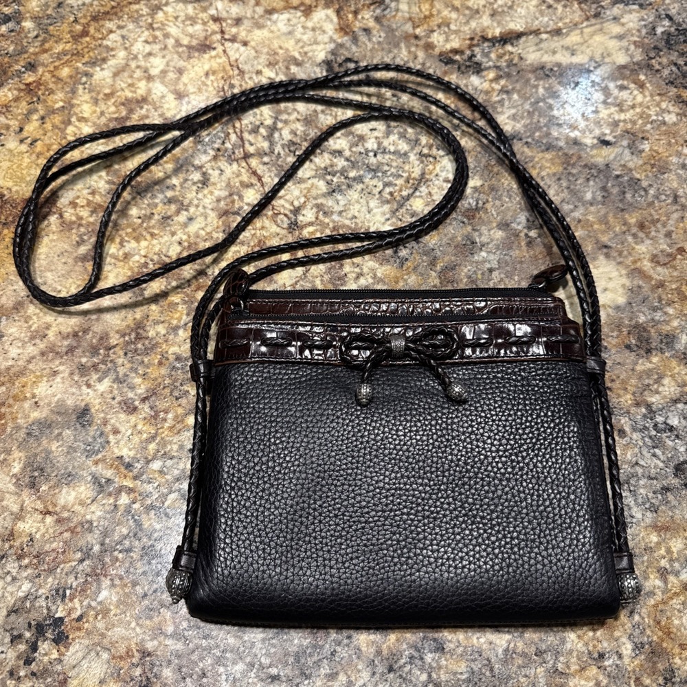 VTG Brighton Emma Crossbody Purse Black Brown Leather Silver Heart Charm